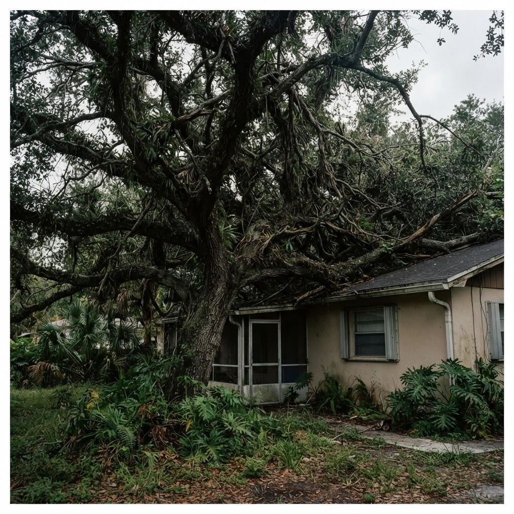 Overgrown, unbalanced live oak canopy before structural pruning