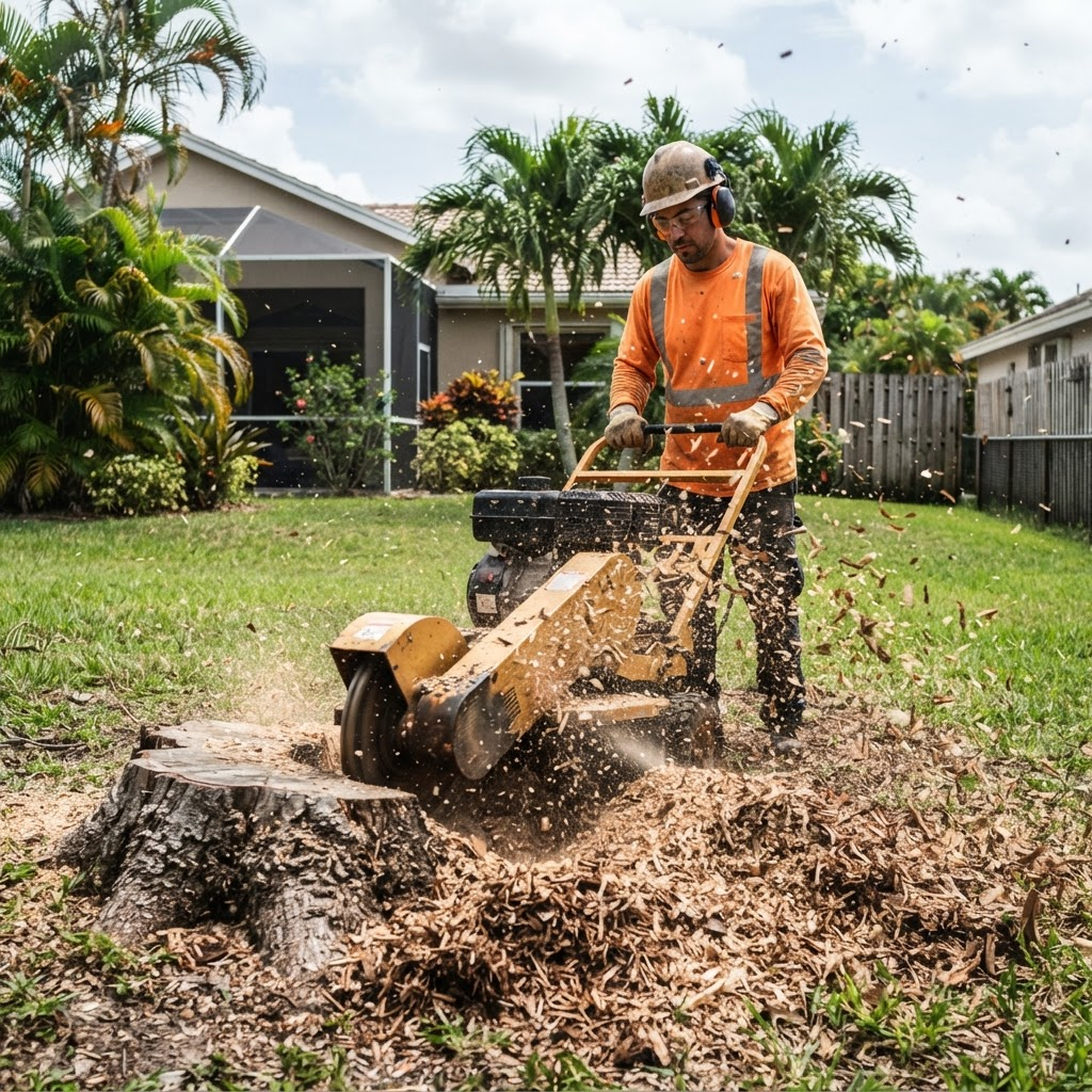 Stump grinder reducing a tree stump to mulch in a South Florida yard